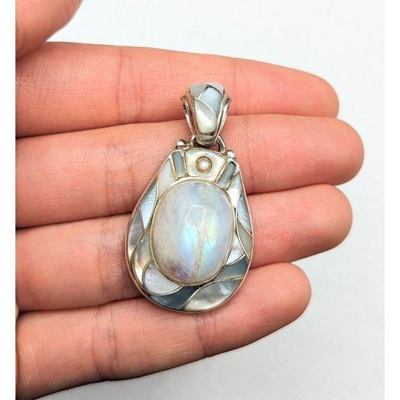Ed Lohman Sterling Silver Rainbow Moonstone Mother Of Pearl MOP Inlay Pendant - Picture 2 of 10